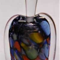 Australian Art Glass perfume bottle with stopper - clear cased with blue, pink, yellow and orange marbling, signed but illegible, approx 13cm H - Sold for $41 - 2019
