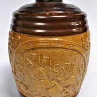 Doulton Lambeth high relief stoneware Tobacco jar 'Gratification, Anticipation, Realization' - lid mismatch c1891 - mismatched lid - Sold for $112 - 2019