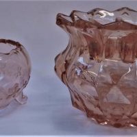 Group lot pink glass incl  1930s rose bowl with frog & embossed footed bowl - Sold for $35 - 2019