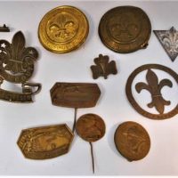 Group lot vintage brass and other scouts badges and buckles incl 192030's Hungarian, Polish - Rally badges, English hat pin, Fleur De Lis, etc - Sold for $112 - 2019