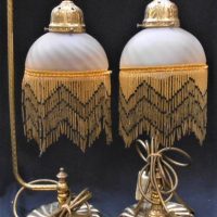 Pair of vintage ornate Victorian style brass table lamps with glass bead fringing to shades - approx 50cm H - Sold for $35 - 2019