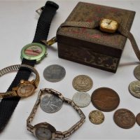 Small Indian brass enamelled hinged box with contents - assorted ladies watches and coins - Sold for $50 - 2019