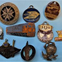 Small box lot - Vintage Blokey Badges, Pins, etc - US MARINES Silver Gilded Pendant + Button Hole Pin, Hawthorn FC Social Club, Goodyear Motor Tyre se - Sold for $50 - 2019