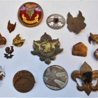 Small group lot incl 1920's wolf badges, enamelled 'Be Prepared' rooster, etc - Sold for $112 - 2019