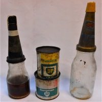 Small group lot vintage garagenalia incl glass oil bottles with plastic pourers - Golden Fleece and Mobil and 2 x BP grease tins - Sold for $106 - 2019