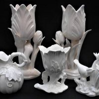 Small group lot vintage white porcelain incl pair of Fitz and Floyd figural candle holders, 'Shell' dish, etc - Sold for $62 - 2019