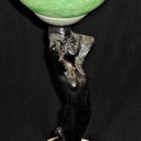 Vintage ART DECO ceramic Figural LAMP - stylised  Female NUDE - w fantastic Mottled Green glass shade, no marks sighted - 65cm H - Sold for $174 - 2019