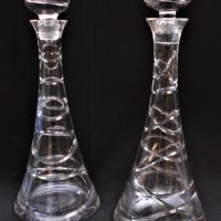 2 x Mid Century Modern Art glass decanters with etched spiral design - marked to base, 36cmH - Sold for $87 - 2019