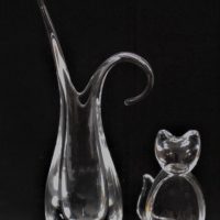 2 x Pieces - MCM Vannes French GLASS - Heavy Vase w Unusual Top + Cat shaped Bowl - both pieces marked to bases - Sold for $43 - 2019