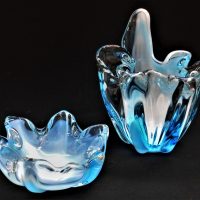 2 x Pieces - Retro 1970's ART GLASS - both Matching Blue, White & Clear colours, Vase + Bowl - Sold for $31 - 2019
