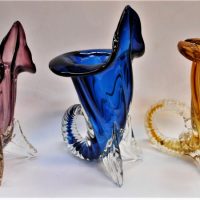 3 x Cornucopia Art glass vases - purple, yellow and blue with clear feet, tallest 21cmH - Sold for $56 - 2019