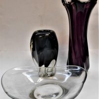 3 x pieces vintage art glass incl tall purple vase and blue vase - both twisted shaped and clear bowl - Sold for $37 - 2019