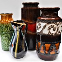 Group Lot Mid Century Modern West German vases inc - brown cylindrical vase with red glaze to centre, 22cmH plus others - Sold for $56 - 2019