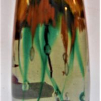 MCM Australian Art Glass PAPERWEIGHT - tall form w coloured design & bubbles through body, signed but illegible to base - approx 15cm H - Sold for $37 - 2019