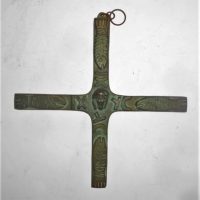 Vintage BRONZE Religious Cross - Raised head of Christ to centre flanked by Fish & the letters IXYC - no marks sighted - 16cm Wide - Sold for $31 - 2019