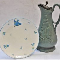 2 x English china  pottery items inc, pewter lidded green jug with raised religious scene Naomi and her Daughters in law - old staple repairs, approx  - Sold for $37 - 2019
