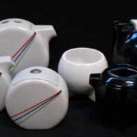 2 x retro china tea sets incl 'Memphis' style 3 piece Japanese Studio Nova and Black & White 'Atomic' style - Sold for $50 - 2019