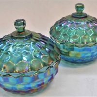 2 x vintage blue  green iridescent Carnival Glass lidded Bonbon bowls - approx 14cm H - Sold for $37 - 2019