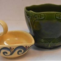 2 x vintage pottery items inc, H Kahler small jug with hpainted swirl design, marked to base - approx 15cm L and a  green Majolica jardinire with rais - Sold for $50 - 2019