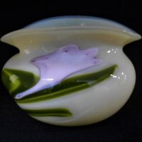 Art Nouveau uranium, Vaseline glass bowl -pale green with lily like decoration, approx 9cm H - Sold for $81 - 2019