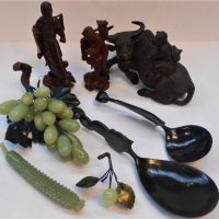 Box lot - Mostly Oriental items inc, jadite grapes, carved Oriental figurines, boy on a buffalo, carved spoons, etc - Sold for $87 - 2019
