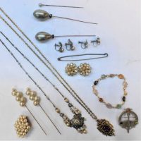 Group lot - 2 x pair vintage hatpins, 2 x pair Marcasite earrings, Celtic brooch with coloured stones, 1970s pendant on chain with ,mauve stone etc - Sold for $31 - 2019