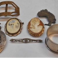 Group lot - Ssilver napkin ring (Sheffield 1938), gplated Cameo brooch, lyrebird brooch, Scottish agate pendant, buckle, etc - Sold for $81 - 2019