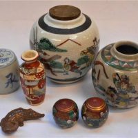 Group lot - mostly Oriental pottery items inc, Ginger Jars with hpainted warrior scenes, large bead forms with hpainted figures in a landscape, small  - Sold for $43 - 2019