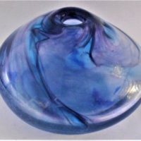 Modern Marc Kalifa Australian Art Glass squat vase with swirling blues and purples throughout clear - incised and dated to base - approx 10cm diameter - Sold for $35 - 2019