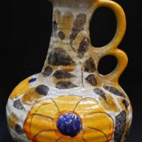 Retro German pottery twin handled jug floral decoration - 1300 impressed to base, approx27cm tall - Sold for $62 - 2019