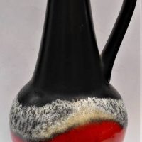 Retro West German pottery handled vase - black and red with white fat lava glaze - embossed to base 67-30, approx 30cm tall - Sold for $56 - 2019