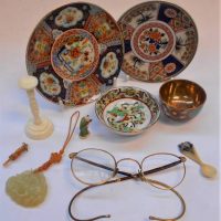 Small box lot - assorted items inc, small ivory stand, carved and coloured ivory spoon, small snuff spoon, carved Jade pendant, vintage spectacles, et - Sold for $68 - 2019
