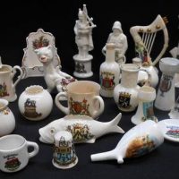 Small box lot vintage assorted miniature china crested ware incl Nautilus, Grafton, Stokes, Goss, Carlton China, etc - Sold for $43 - 2019