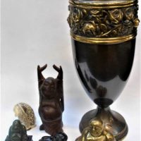 Small group lot - assorted Buddha figurines inc, brass, wooden, etc and an Edwardian Hallah Brass vase with raised band of roses, approx 37cm H - Sold for $43 - 2019