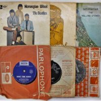 Small group lot vintage 45's vinyl singles and ep's incl The Rolling Stones, The Beatles and Donovan - some with picture sleeves - Sold for $56 - 2019