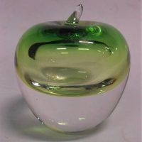 Swedish Studio Ahus - Art Glass apple shaped paperweight - clear and green, marked to base - approx 8cm H - Sold for $35 - 2019