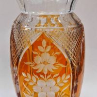 Vintage Bohemia clear and amber flash cut crystal vase with flared rim - floral design, approx 26cm H - Sold for $50 - 2019