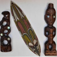 3 x Pieces - Carved wooden Tribal items - NEW ZEALAND Tiki & Bird figures one marked RUIHANA ROTARUA 1983 + Sepik wall mask decorated w Natural Ochres - Sold for $35 - 2019