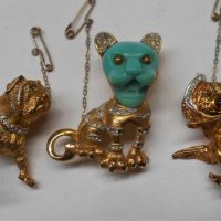 3 x Vintage Panetta costume jewellery animal Brooches set with Rhinestones - animated duck, Bulldog & stylised cat with faux turq Face - Sold for $35 - 2019