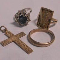 4 x pces Silver jewellery - ring set with oval  blue stone surrounded by white stones, thin band, ring, & cross pendant - Sold for $31 - 2019