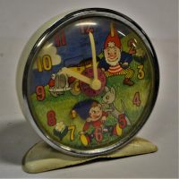 Fab c1977 Timecal NODDY deskbedside wind-up clock with cream metal casing and full colour illustrations to face Made in GB - Sold for $99 - 2019