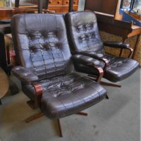 Group lot - Pair - Mid Century Modern style Brown leather swivel Arm Chairs + Tan Leather Boudoir Chair & matching Full Length Mirror - Sold for $43 - 2019