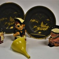 Group lot - vintage china items inc 3 x Shorter and Sons Character and Toby jugs - Pirate King etc, 2 x Oriental plates black with gilt landscape scen - Sold for $37 - 2019