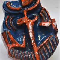 Retro 1970's Pottery WALL Plaque - Anchor like shape w Raised sections & highlights, Blue & Orange glazes, no marks sighted - Sold for $43 - 2019