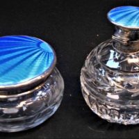 2 x Art Deco Ladies dressing table items - cut crystal bowl with Sterling silver (Bham 1932) blue enamel lid & cut crystal cologne bottle with SSilver - Sold for $143 - 2019