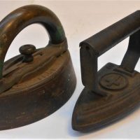 2 x C1900 cast iron flat irons inc Mrs Potts Iron and a collar iron - Sold for $43 - 2019