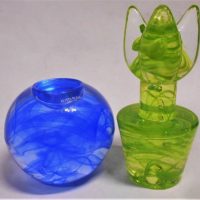 2 x  Kosta Boda glass candle holders inc, blue ball shaped designed by Anna Herner and a green Flower Power sculpture, design by Ulrica Hydman - Valli - Sold for $37 - 2019