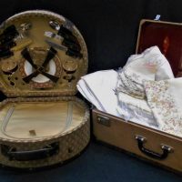 2 x vintage suitcases incl 'near new' picnic set for two and case with contents of vintage napery - embroidery, doileys, etc - Sold for $50 - 2019