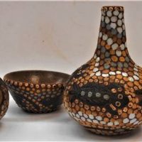 4 x pieces vintage Australian Aboriginal ceramic mini vases and bowls with dot painting decoration attributed to Mundara Koorang, impressed marks to b - Sold for $35 - 2019