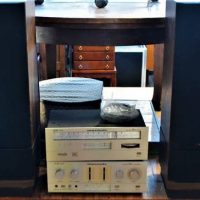 Group lot assorted audio incl c1970's Marantz PM200 Amplifier and ST300 Tuner, pair of tower speakers, Sharp bookshelf speakers and Teac turntable - Sold for $81 - 2019
